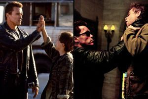 A gauche, Arnold Schwarzenegger et le jeune Edward Furlong dans "Terminator 2". A droite, "Schwarzy" avec Nick Stahl dans "Terminator 3".