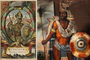 A gauche: Le dernier empereur aztèque Muteczuma II, par John Ogilby en 1671 (collection privée). A droite : détail de son portrait par un peintre européen du XVIe siècle (Palazzo Pitti, Florence) 
