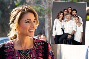 La reine Rania de Jordanie le 30 octobre 2019. En vignette, la photo de la famille royale jordanienne pour ses voeux 2019