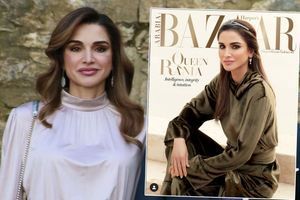La reine Rania de Jordanie le 2 février 2019. A droite en couverture du numéro de mars 2019 de Harper's Bazaar Arabia