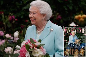 La reine Elizabeth II, le 23 mai 2016 - En médaillon: couverture du dernier numéro de "Vanity Fair" pour ses 90 ans