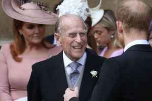 Le prince Philip à Windsor, avec le prince Harry et Sarah Ferguson, le 18 mai 2019