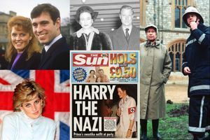 Dans le sens des aiguilles du montre, en commençant par le coin en haut à gauche : le prince Andrew et Sarah Ferguson en 1986, le duc et la duchesse de Windsor en 1946, la reine Elizabeth en 1992, le prince Harry en 2005, et la princesse Diana en 1996.