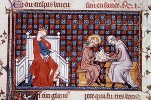 Blanche de Castille dirigeant l'éducation de son fils Louis IX (détail d’une miniature de "Vie et miracles de saint Louis" par Guillaume de Saint Pathus, 1320 (Paris, B.N.) 