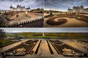 Travaux de restauration des jardins à la française du château de Chambord en cours, le 23 novembre 2016