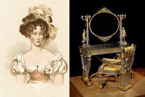 La duchesse de Berry, vers 1830. Sa table de toilette et son fauteuil en cristal conservé au Musée du Louvre