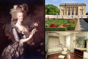 À gauche: "Marie Antoinette a la Rose" par Vigee-Lebrun, 1784, conservé au château de Versailles. En haut à droite: le Petit Trianon à Versailles en 2012. En bas à droite: la chambre de Marie-Antoinette au Petit Trianon en octobre 2008, après sa restauration.