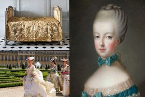 En haut à gauche : salle de bains de Marie-Antoinette dans son Petit Appartement au château de Versailles. En bas à gauche: "Marie-Antoinette" de Sofia Coppola en 2006. À droite : "La dauphine Marie-Antoinette" d’après Joseph Ducreux et Joseph Krantzinger, vers 1770 