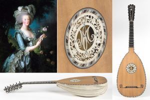 La guitare-luth de la reine Marie-Antoinette vendue aux enchères le 15 juin 2019. A gauche, "Portrait de Marie-Antoinette à la rose" par Elisabeth Vigée-Lebrun, 1783 (Château de Versailles)