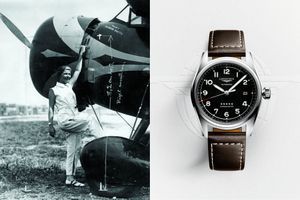 Elinor Smith pose fi èrement devant son appareil. A d.: Le modèle de la collection Spirit, 40 mm de diamètre, mouvement à remontage automatique, chronomètre certifi é, boîtier acier et bracelet en cuir, 2 020 €.