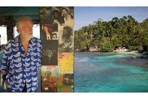  Chris Blackwell au BizotBardeGoldenEye dont les piliers sont décorésdescouvertures de sa collection de vinyles. La plage où sebaignaitchaque jourIan Fleming etBlancheLindo, la mère de Chris.
