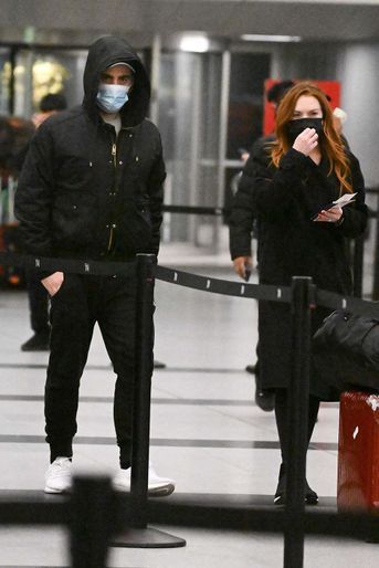 Lindsay Lohan et son fiancé Bader Shammas, à l&#039;aéroport JFK de New York, le 20 février 2022.