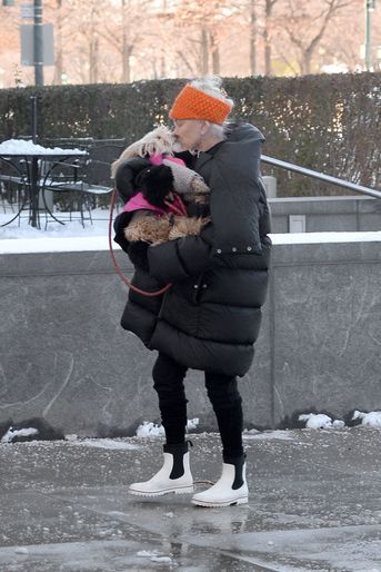 Deborra-Lee Furness porte son chien Allegra dans les bras, le 30 janvier 2022 à New York.