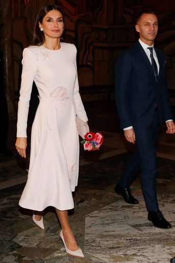 La reine Letizia d'Espagne dans une robe Pedro del Hierro à Stockholm, le 25 novembre 2021