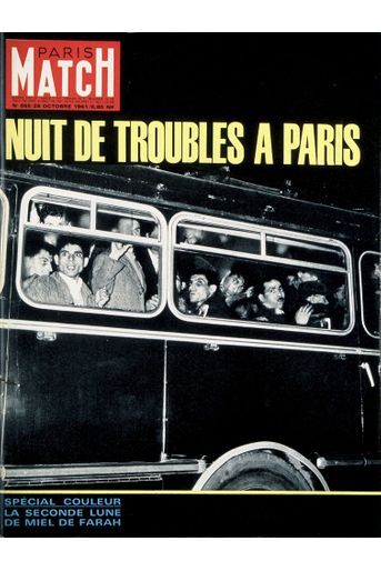 "Nuit de troubles à Paris", en couverture de Paris Match n°655 daté du 28 octobre 1961, qui présente alors sur huit pages quelques-unes des photos publiées ci-dessous. 