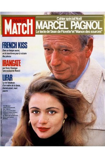 Yves Montand et Emmanuelle Béart, réunis pour le film "Manon des sources" de Claude Berri, en couverture de Paris Match n°1962, daté du 2 janvier 1987.