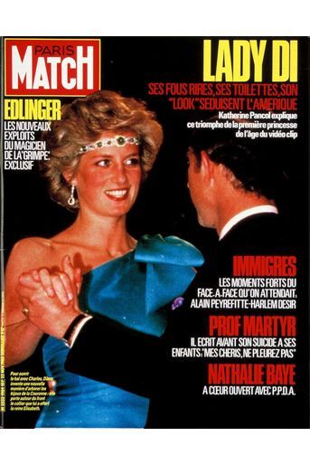 Lady Di : ses fous rires, ses toilettes, son "look" séduisent l'Amérique. Couverture du Paris Match n°1904 du 22 novembre 1985.