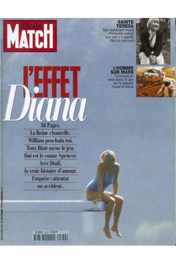 L'effet Diana, après sa disparition. En photo, la princesse assise au bout du plongeoir du "Jonikal", le bateau de Dodi Al Fayed, à Porto Fino. Couverture de Paris Match n° 2522 du 25 septembre 1997.