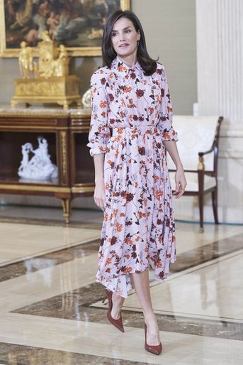 La reine Letizia d&#039;Espagne dans une robe Hugo Boss à Madrid, le 21 février 2020