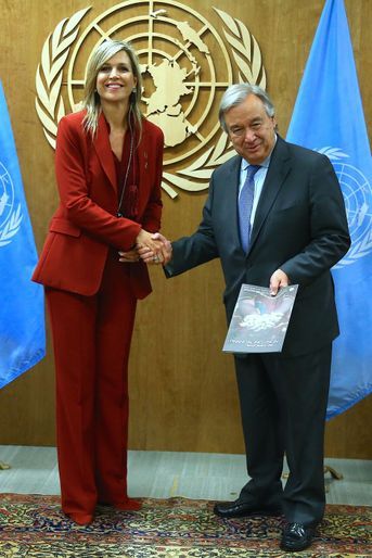 La reine Maxima des Pays-Bas avec Antonio Guterres au siège de l'ONU à New York, le 20 septembre 2017