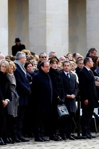 François Hollande, Nicolas Sarkozy et Carla Bruni-Sarkozy à l&#039;hommage national en l&#039;honneur de Jean d&#039;Ormesson.