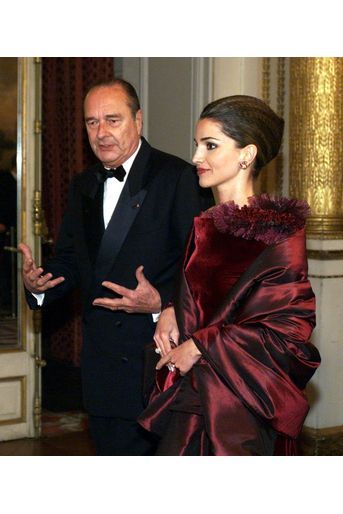 Jacques Chirac avec la reine Rania de Jordanie, lors d'un diner d'Etat à l'Elysée en novembre 1999.