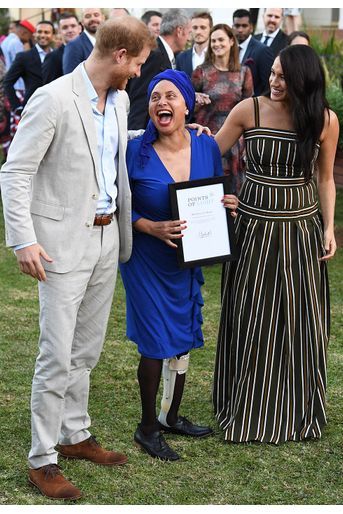 Le prince Harry, Marlene le Roux et Meghan Markle à la résidence officielle du haut-commissaire britannique au Cap en Afrique du Sud le 24 septembre 2019
