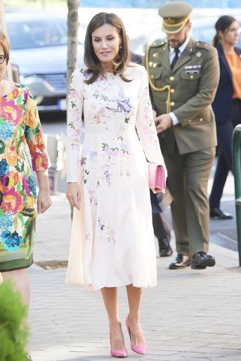 La reine Letizia d'Espagne dans sa robe brodée Asos à Madrid, le 8 juillet 2019