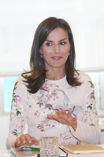 Détail de la robe de la reine Letizia d'Espagne à Madrid, le 8 juillet 2019