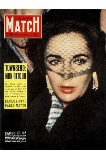 « L'Adieu de Liz : Elizabeth Taylor sous son voile de veuve. Mike Todd n'est plus: l'enfant gâtée de Hollywood fait l'apprentissage de la douleur. » - Paris Match n°469, 5 avril 1958.