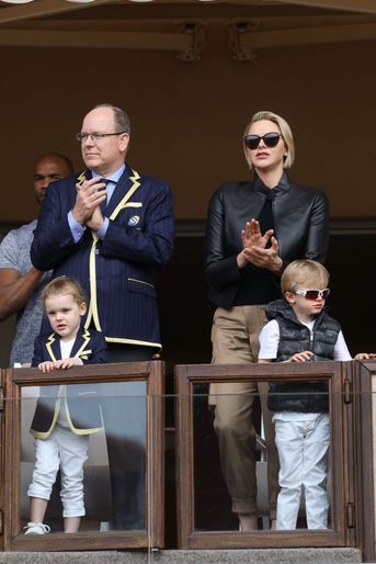 Le prince Albert II et la princesse Charlène de Monaco avec leurs enfants le prince Jacques de Monaco et la princesse Gabriella de Monaco lors de la 9ème édition du Tournoi Sainte Dévote de Rugby au Stade Louis II à Monaco, le 11 mai 2019. 