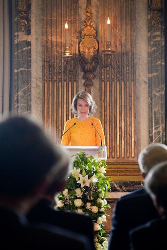 La reine Mathilde de Belgique au Palais royal à Bruxelles, le 7 mai 2015