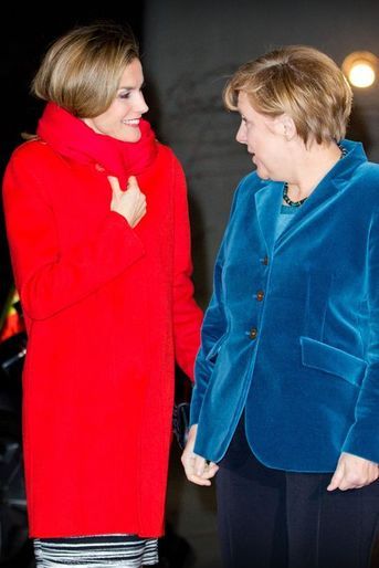 La reine Letizia d&#039;Espagne, avec Angela Merkel, à Berlin, le 1er décembre 2014