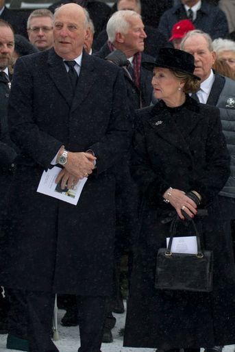 Le roi Harald et la reine Sonja lors des obsèques de Johan Martin Ferner à Oslo, le 2 février 2015