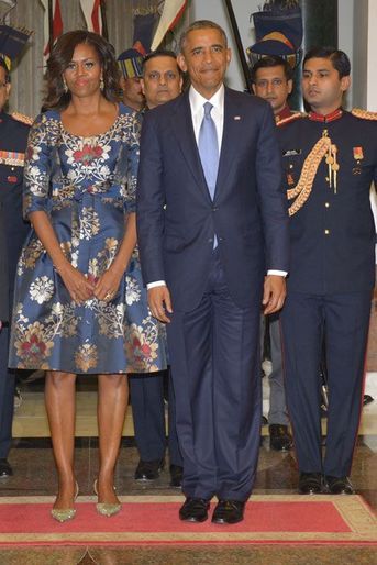 Michelle Obama auprès de Barack Obama et du président de l'Inde, le 25 janvier 2015