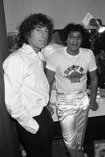 Alain Souchon et Laurent Voulzy dans les loges de l'Olympia à Paris en janvier 1979
