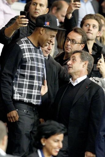 Jay Z et Nicolas Sarkozy au Parc des Princes pour le match PSG-Barcelone