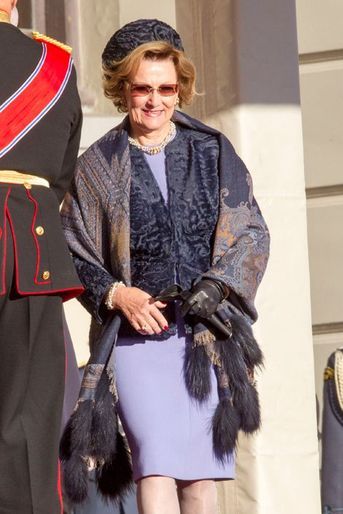 La reine Sonja lors de la visite officielle du président indien Pranab Mukherjee et de sa fille à Oslo, le 13 octobre 2014