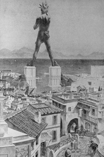 Gravure représentant le colosse de Rhodes (Grèce).