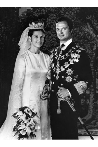 Silvia Sommerlath et le roi Carl XVI Gustaf de Suède, le jour de leur mariage, le 19 juin 1976