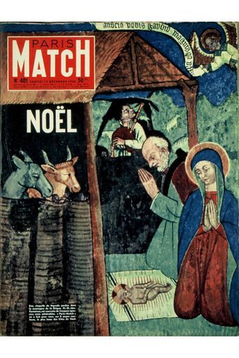 Couverture du Paris Match n°401 du 15 décembre 1956 : détail d'une fresque représentant la naissance de Jésus faisant partie des nombreuses fresques découvertes dans la chapelle Notre-Dame-des-Fontaines perdue dans la montagne de La Brigue dans les Alpes-Maritimes.
