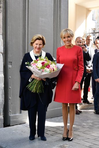 La reine Sonja de Norvège avec Brigitte Macron à Rouen, le 24 septembre 2018