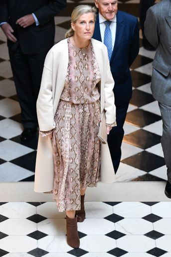 La comtesse Sophie de Wessex dans une robe Emilia Wickstead et un manteau Loewe à Versailles, le 1er octobre 2018