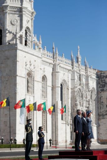 La reine Mathilde et le roi des Belges Philippe avec le président du Portugal Marcelo Rebelo de Sousa à Lisbonne, le 22 octobre 2018