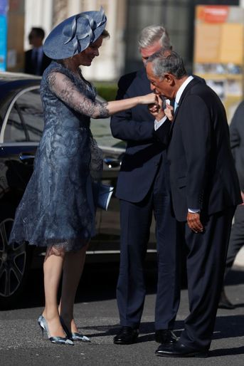 La reine Mathilde et le roi des Belges Philippe accueillis par le président portugais Marcelo Rebelo de Sousa à Lisbonne, le 22 octobre 2018
