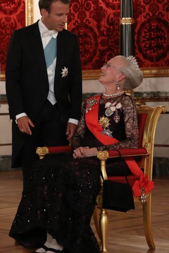 La reine Margrethe II de Danemark avec Emmanuel Macron à Copenhague, le 28 août 2018