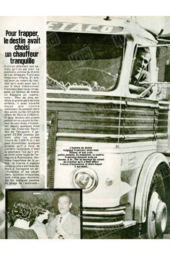 « L'homme du destin tragique, Francisco, fier et heureux au volant du tracteur qu'il s'était offert à force d'économies et dans lequel il est mort. En médaillon, Francisco dansant avec sa femme. »(Paris Match n°1522, 28 juillet 1978)