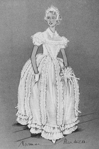 Dessin de la robe des demoiselles d'honneur pour le mariage de la princesse Margaret, le 6 mai 1960