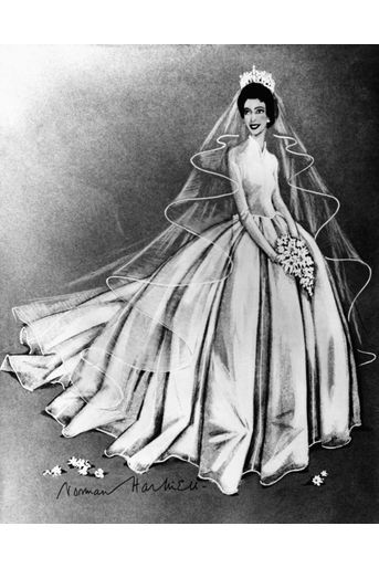 Dessin de la robe de mariée de la princesse Margaret, pour ses noces le 6 mai 1960