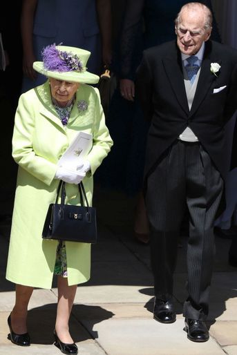 La reine Elizabeth II dans un manteau Stuart Parvin, le 19 mai 2018
